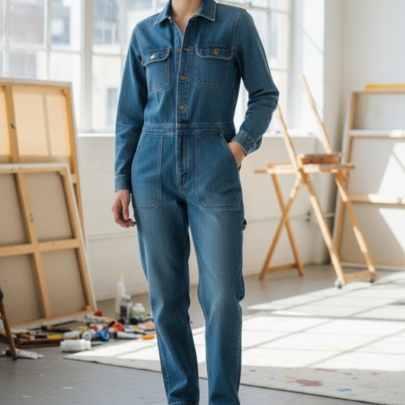 Y2K Current Elliott Blue Denim Jumpsuit SZ 2 Utility Long Sleeve 90s J.Lo Style - Picture 2 of 12